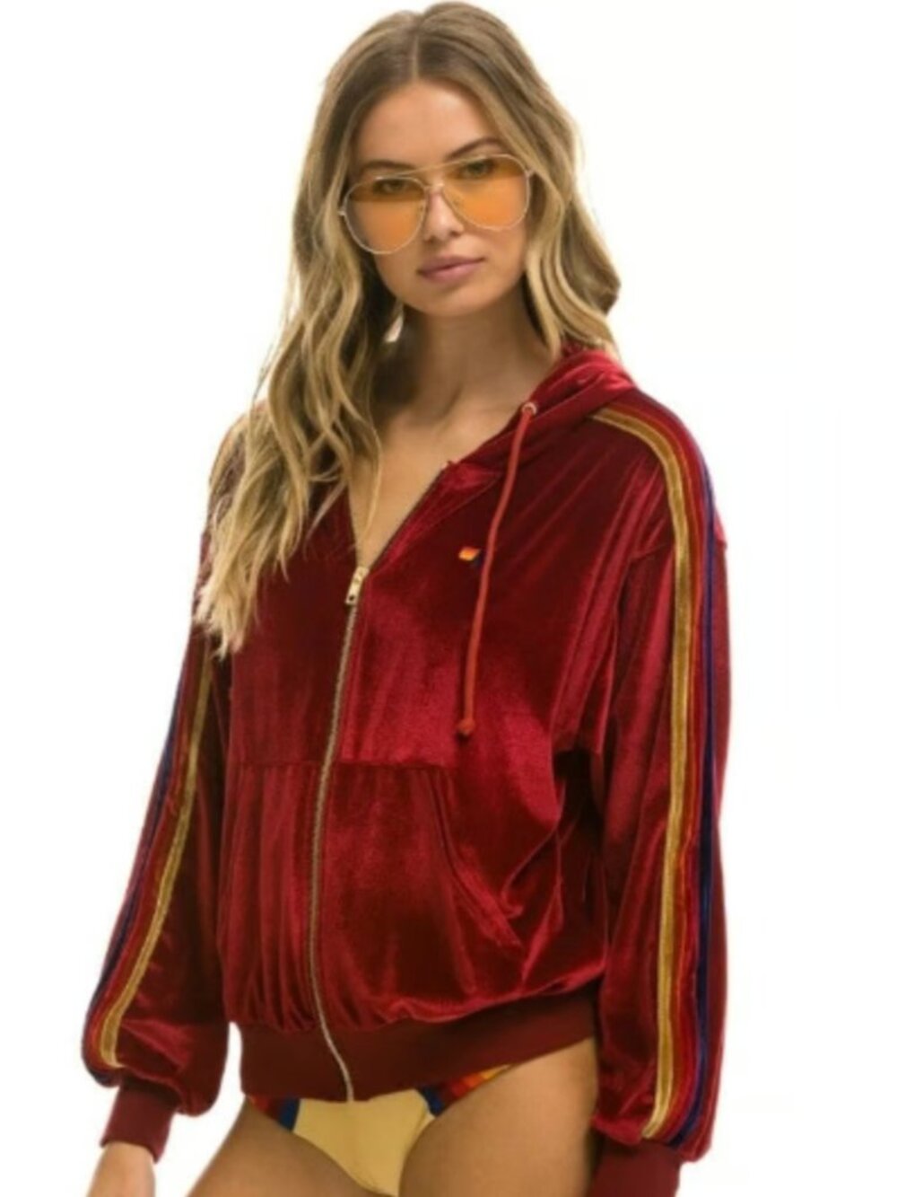 Aviator Nation | Velvet 5-Stripe Relaxed Zip Hoodie in Red